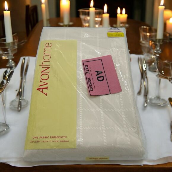 NOS Avon Home Fabric Tablecloth 60" X 84" oblong Cream Square Pattern - Picture 1 of 7